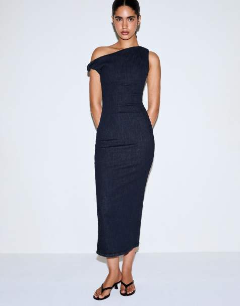 Bershka Off-shoulder denim dress in blue