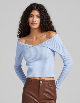 Bershka off shoulder knit jumper in light blue