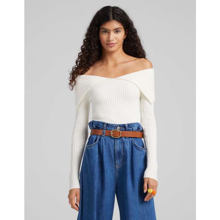 Bershka off the shoulder knit jumper in cream ASOS