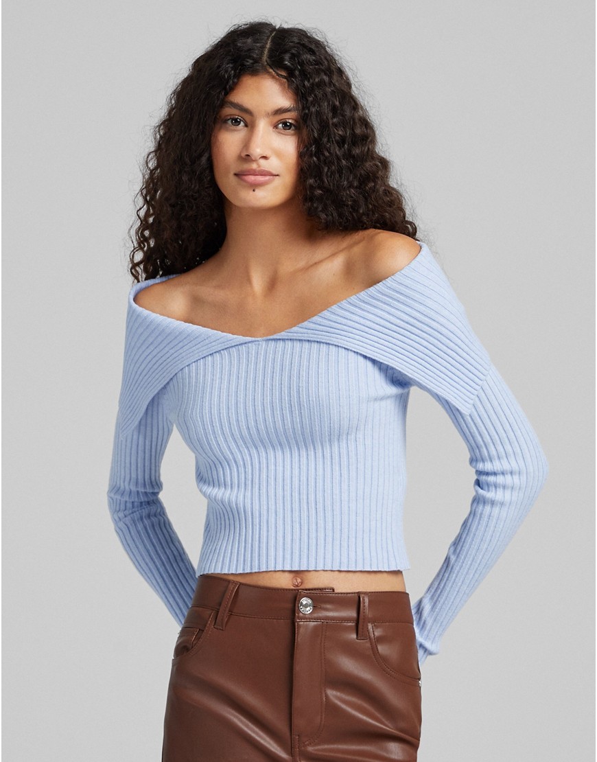 Bershka off the shoulder knit sweater in light blue-Blues