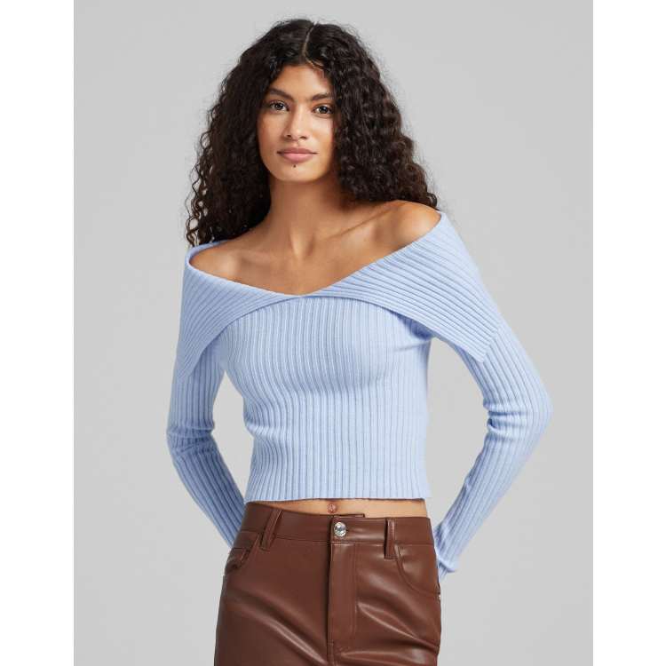 Bershka off the shoulder knit sweater in light blue ASOS