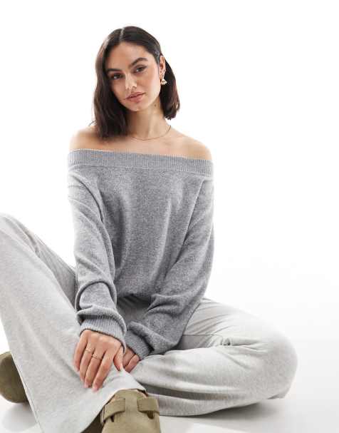 Bershka off the shoulder knit top in grey marl - view 1