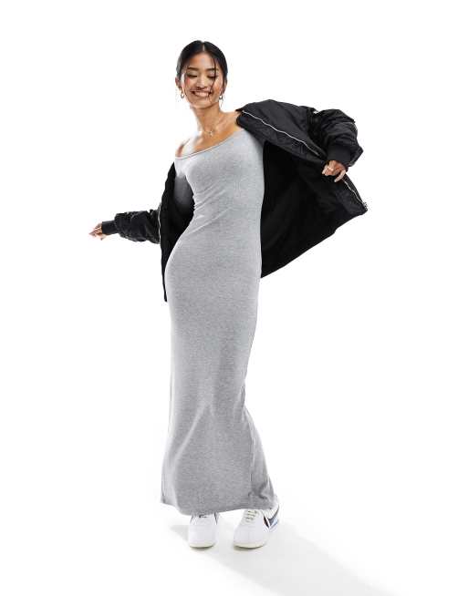 Bershka off the shoulder long sleeve shaping maxi dress in grey