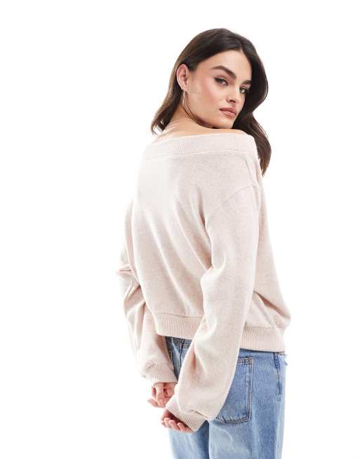 トップス andwang AND one shoulder bijou sweat Sexy Boat Neck One Shoulder Long Sleeve White Pullover Rib
