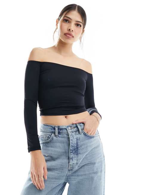 Bershka off the shoulder slinky top in black | ASOS