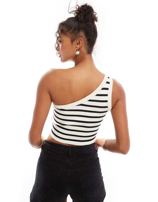 Bershka one shoulder contrast piping knit top in ecru & black