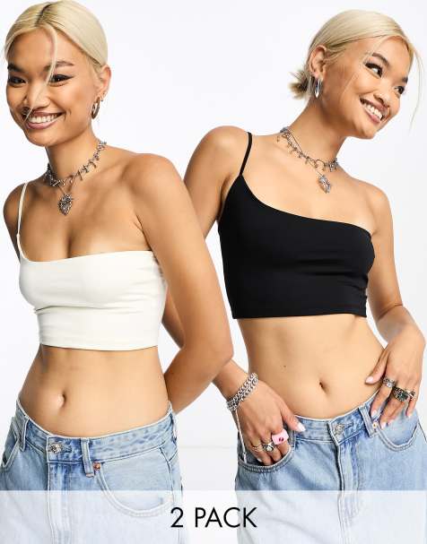 Bershka one shoulder crop top 2 pack in black and white - view 1