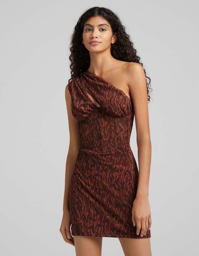 Bershka one shoulder cut out detail mini dress in brown