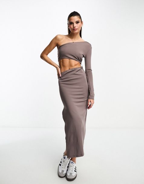 ASOS DESIGN strappy mesh insert cut out maxi dress in stone