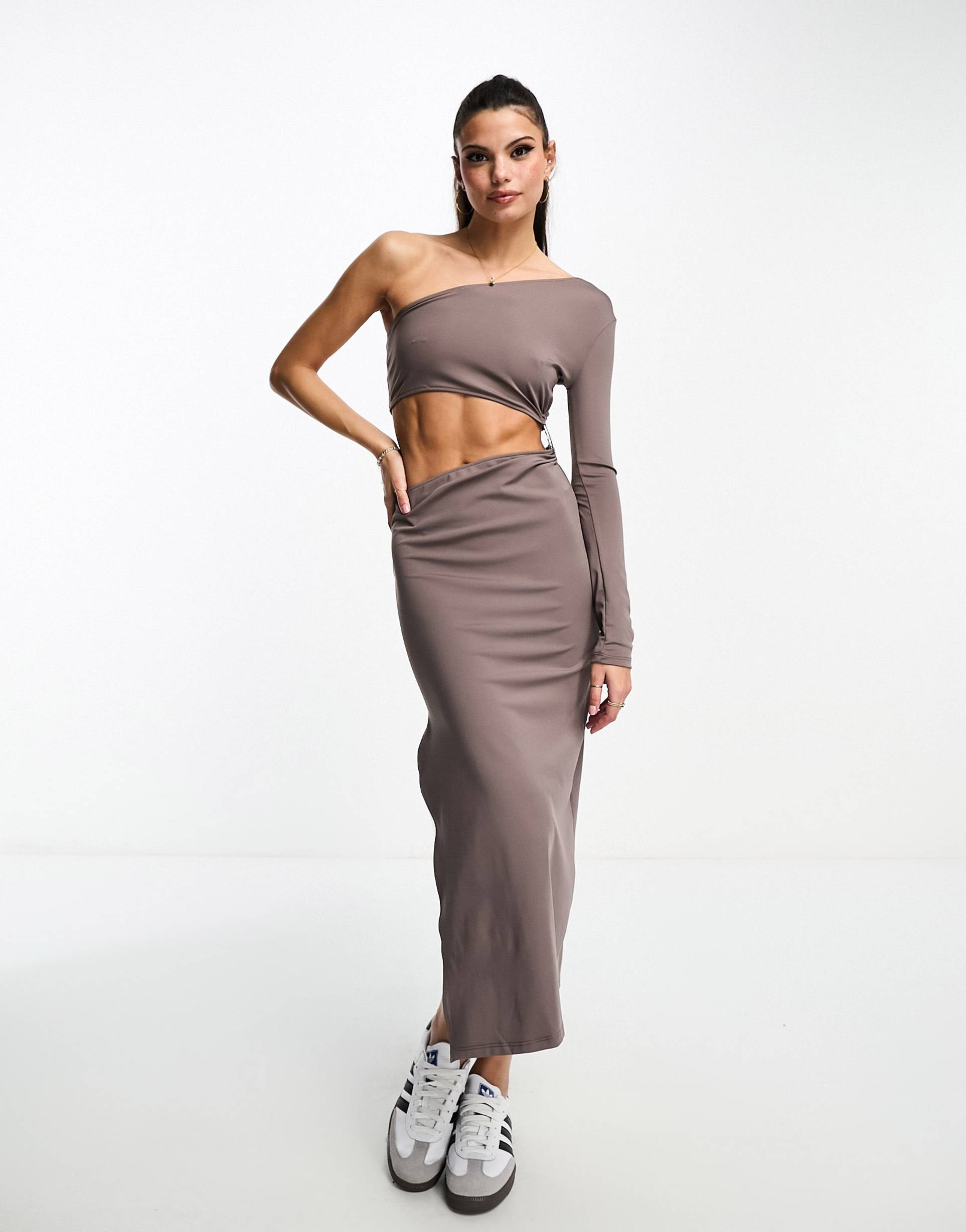 bershka one shoulder cut out midi dress in taupe