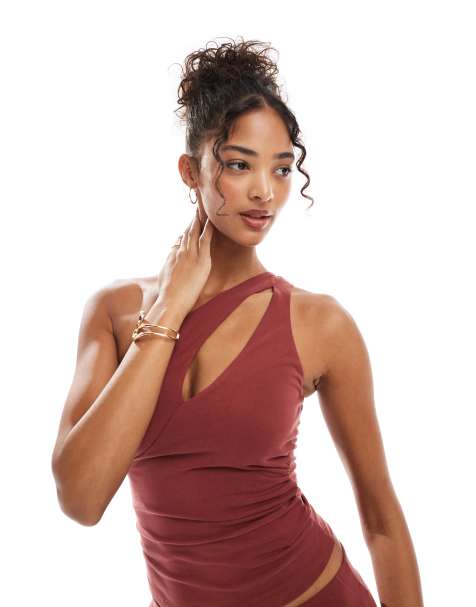 Bershka one shoulder cut out top in terracotta (part of a set) - view 1