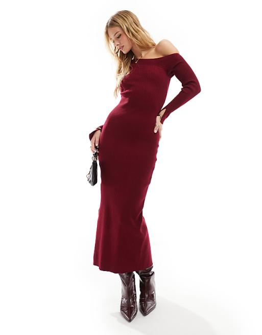 Bershka one shoulder knitted maxi dress in burgundy | ASOS Bershka one shoulder knitted maxi dress in burgundy | ASOS