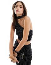Bershka one shoulder sheer top and skirt in polka dot black