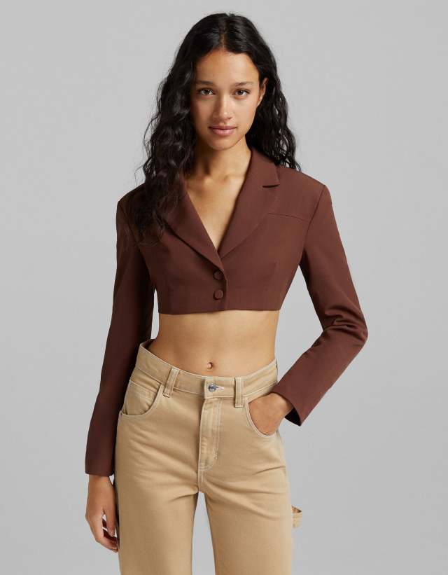 Bershka open back cropped blazer in chocolate