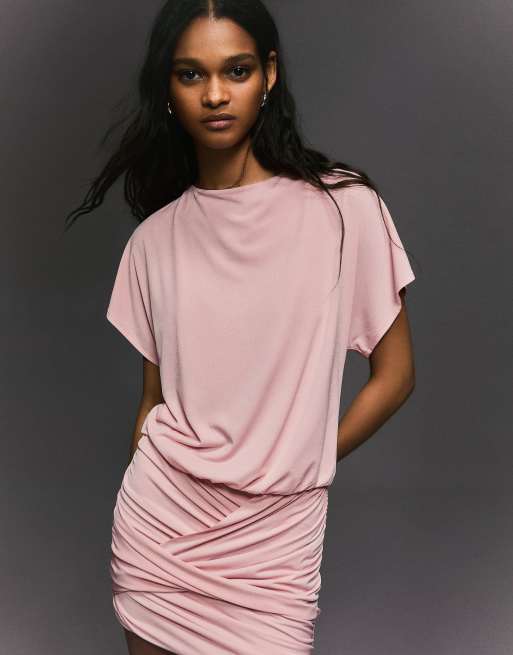 Bershka Open back dress with draped skirt in dust pin | ASOS