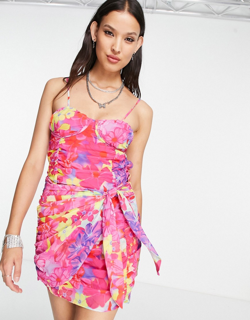 Bershka Open Back Ruched Mini Dress In Bold Floral Print-multi