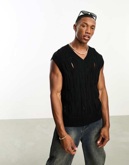 Bershka open basket-weave singlet in black