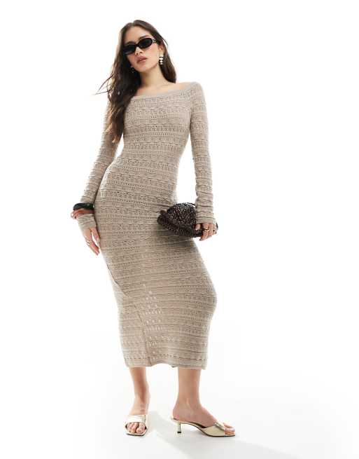 Bershka open knit off the shoulder maxi dress in tan