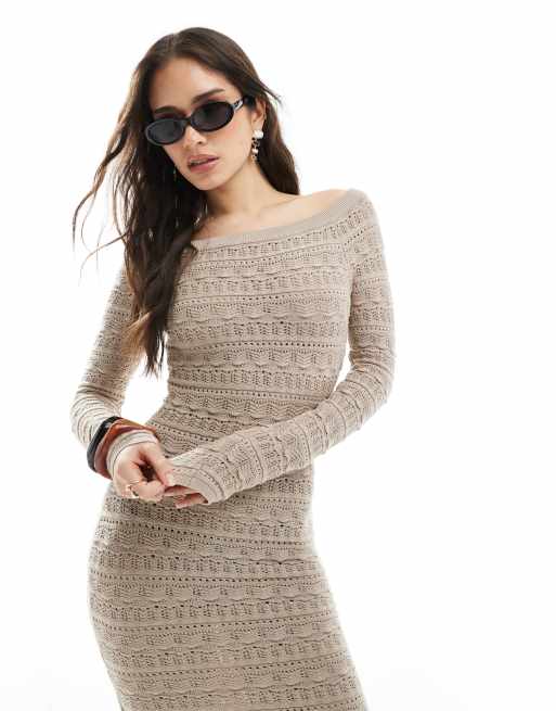 Bershka open knit off the shoulder maxi dress in tan