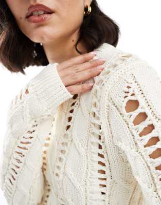 Shop Bershka Open Knitted Top Sweater In Neutral