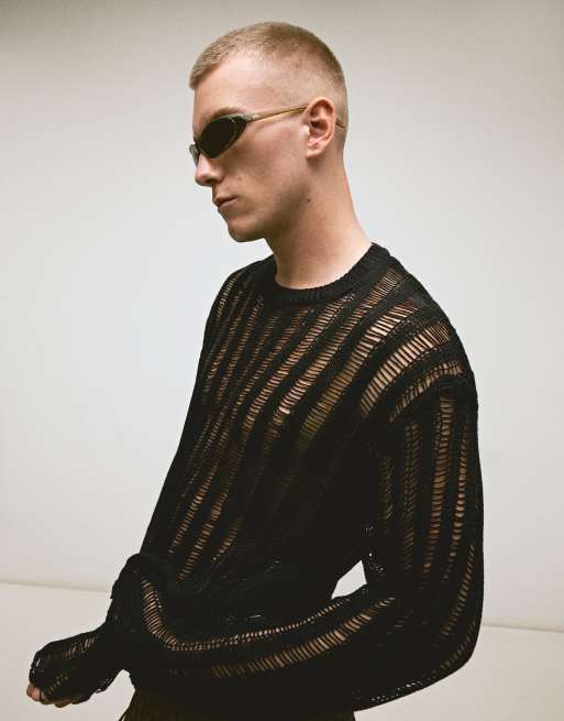 Bershka Open-knit jumper in black, 4 of 4