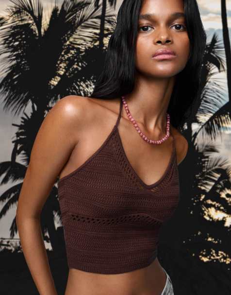 Bershka Open knit top in brown - view 1