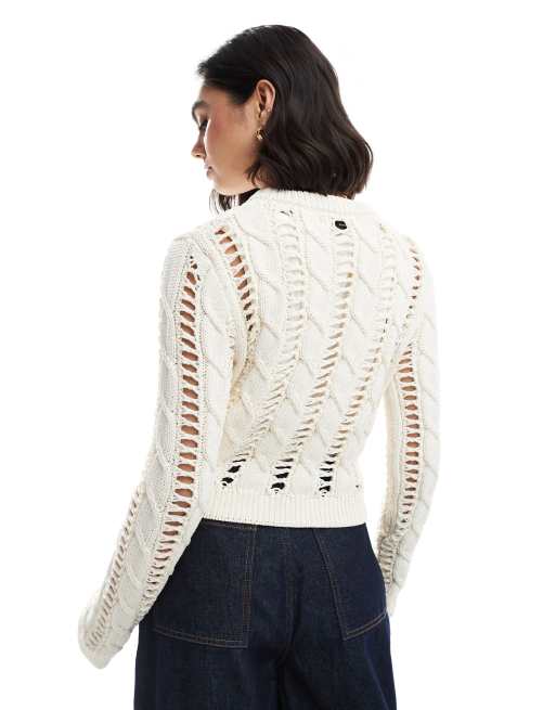 Bershka open knitted top sweater in ecru