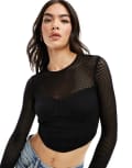 Bershka open mesh long sleeve top in black