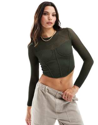 Bershka open mesh long sleeve top in khaki