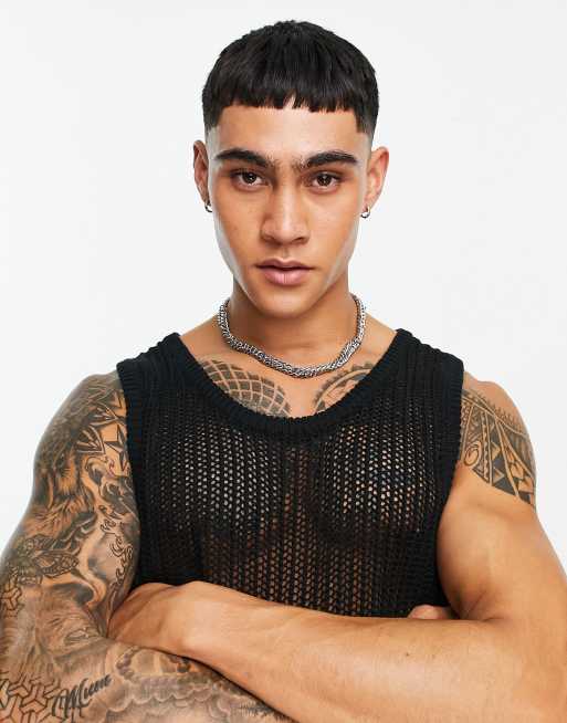 Bershka open stitch knit tank top in black