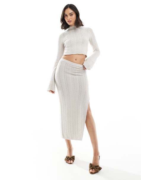 Bershka - Opengebreide bodycon maxi-rok in stone, deel van co-ord set - view 1