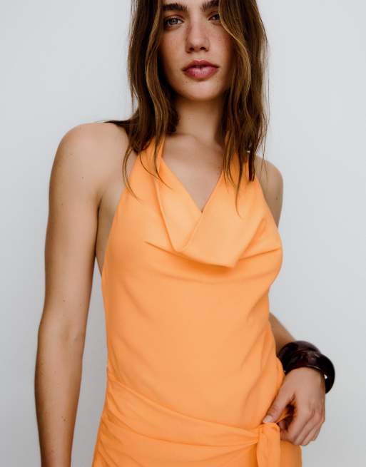 Bershka – Orange, draperad miniklänning, 3 av 4