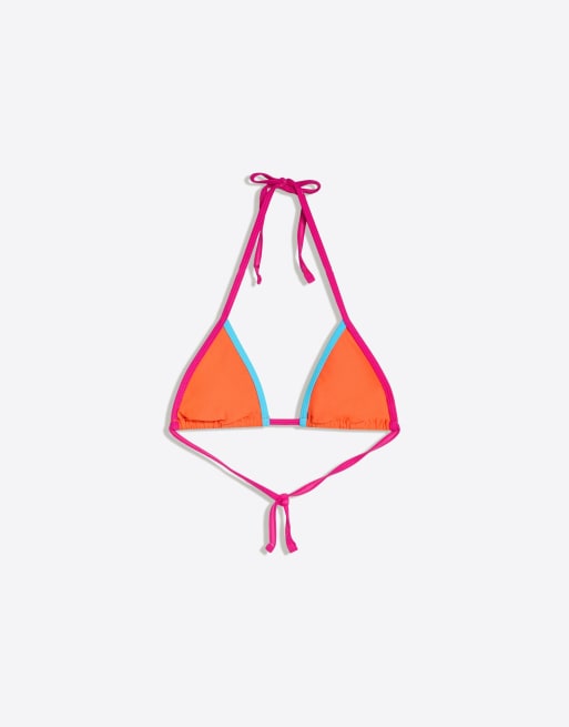 Bershka - Orange trekantsbikinitop med kontrasterende detaljer, 2 af 3