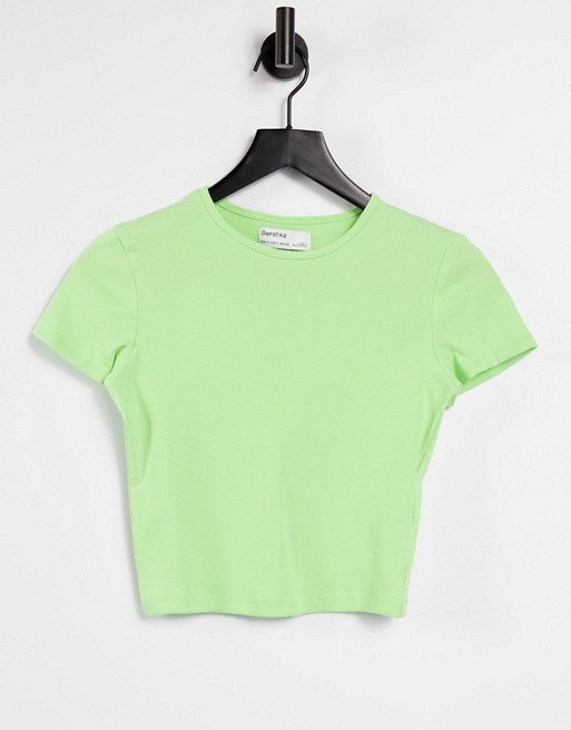 Bershka organic cotton crop t-shirt in lime green