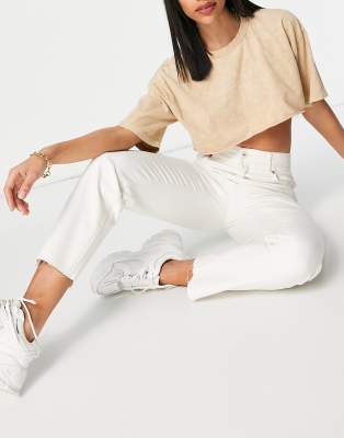 Bershka organic cotton paperbag waist cropped straight jean in ecru-White