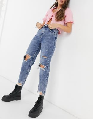 Bershka organic cotton ripped mom jean with distressed hem in dark blue