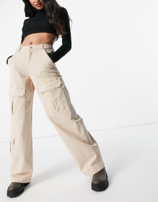 Bershka Organic Cotton Wide Leg Cargo Pant In Beige-brown ModeSens