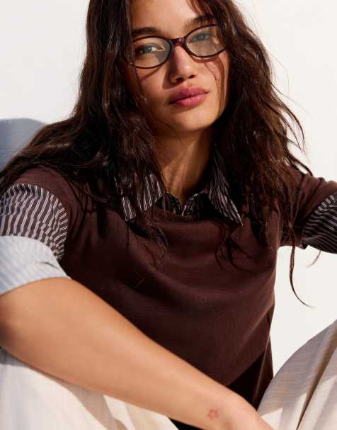 Bershka ovale brillen met blauwlichtfilter in bordeauxrood - view 1