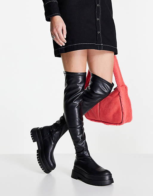 Women Boots/Bershka over the knee chunky flat boots in black 