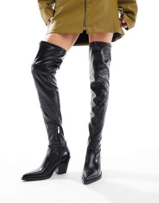 over the knee faux leather heeled boots in black