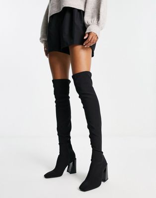 Bershka over the knee slouchy heeled boots in black