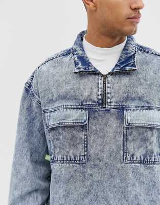 bershka pocket front utility denim jacket in beige