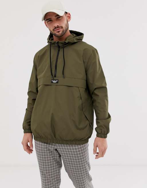 Bershka overhead windbreaker jacket with half zip in khaki | ASOS