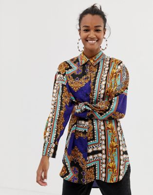 Bershka - Overhemd in gemixte, gekleurde sjaalprint-Multi
