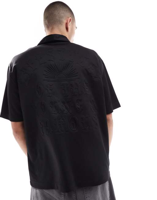 Bershka - Overhemd met korte mouwen en logo in reliëf in zwart