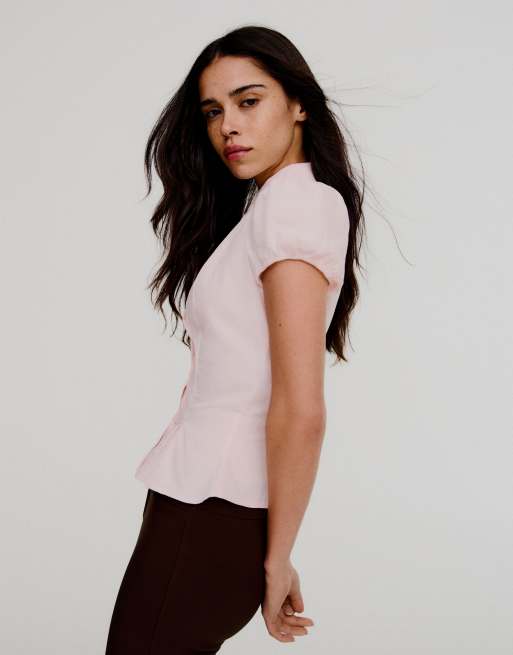 Bershka - Overhemd met korte mouwen en Peter Pan-kraag in roze, 2 van 4