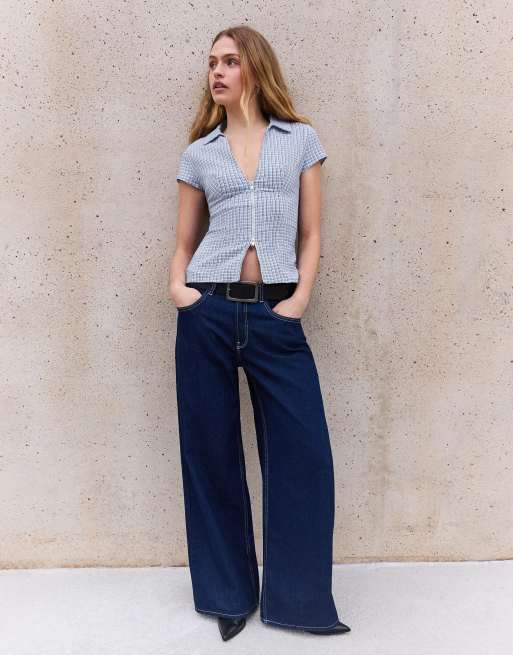 Bershka - Overhemd met korte mouwen, rits en print in denim blauw, 2 van 5