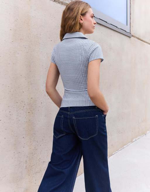 Bershka - Overhemd met korte mouwen, rits en print in denim blauw, 3 van 5