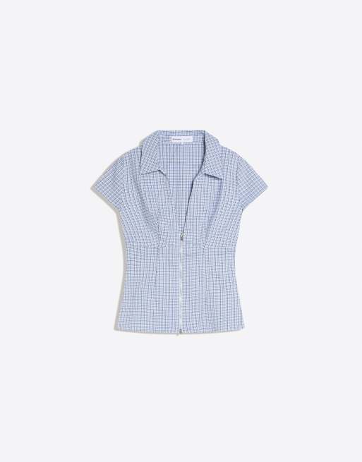 Bershka - Overhemd met korte mouwen, rits en print in denim blauw, 5 van 5