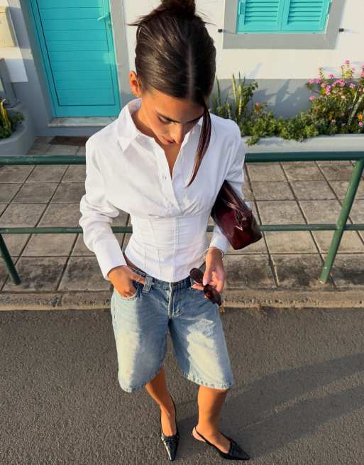 Bershka overhemd met lange mouwen en corset-effect in wit, 4 van 5